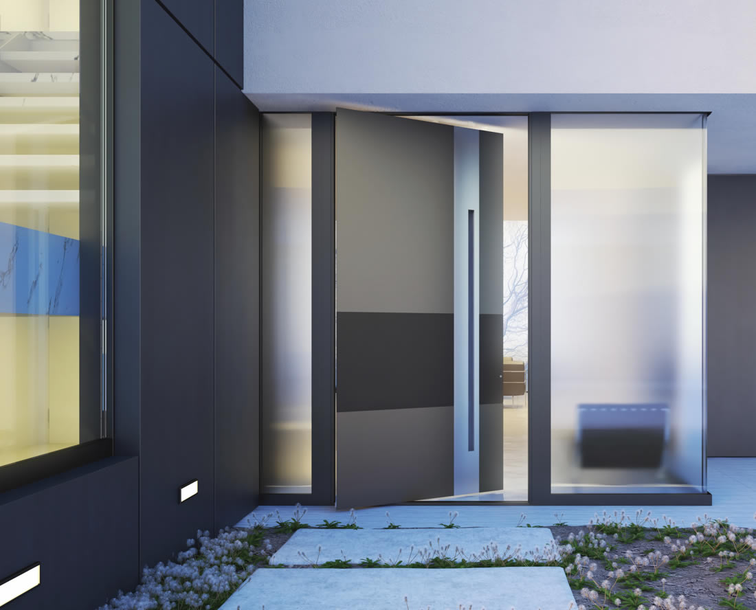 The pivot front doors are designed flush with the facade.